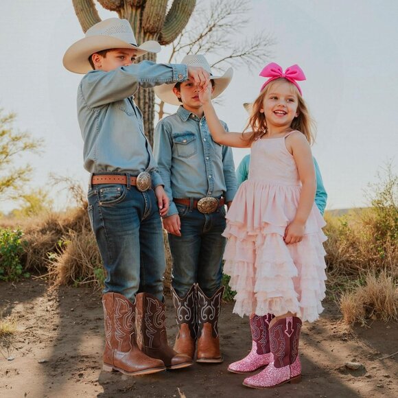 Unisex Child Brown Mid Calf Glitter Toddler Cowboy Boot Little Big Kids Western - Picture 7 of 8